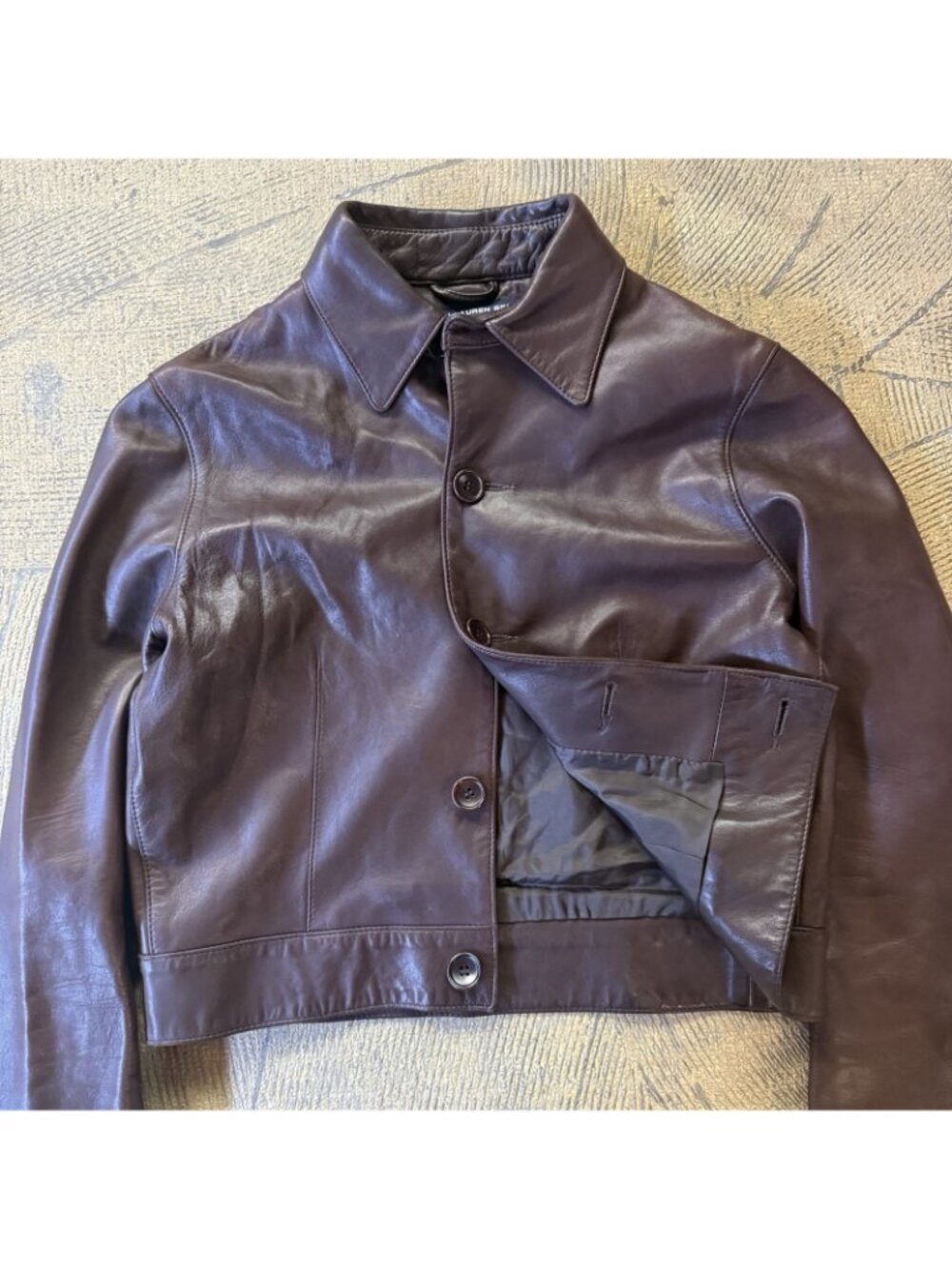 Vintage Polo Ralph Lauren Sport Cropped Brown Leather Jacket Size 8 - Picture 8 of 13